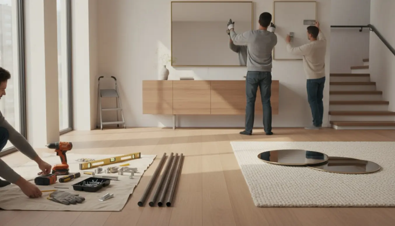 Personer uden tydelige ansigter hænger spejle, et stort billede ved trappen og monterer gardinstænger i en moderne lejlighed.