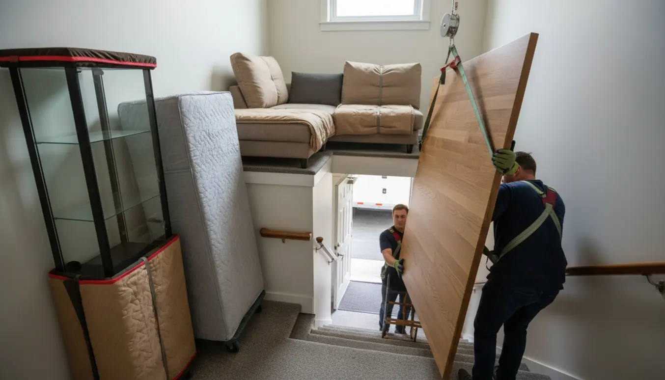 Flytning af store møbler fra 2. sal med pakket vitrineskab, madras og egetræs bordplade på trappen.