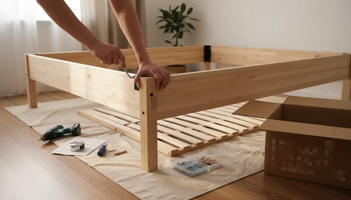 Delvist samlet træ-sengeramme i et lyst soveværelse med værktøj og skruer på gulvet.