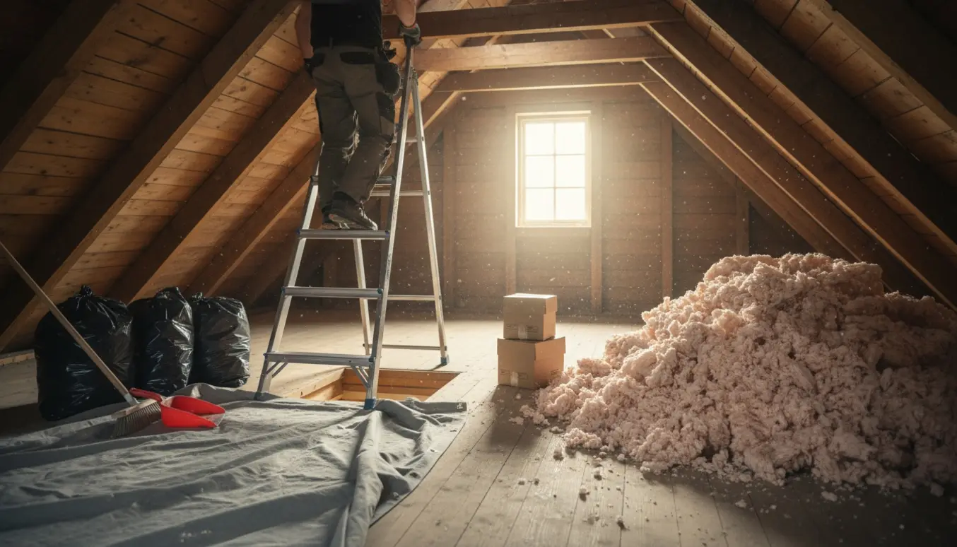 Spidsloft med stige, bunker af rockwool og tre-fem kasser sat til side i sollys.