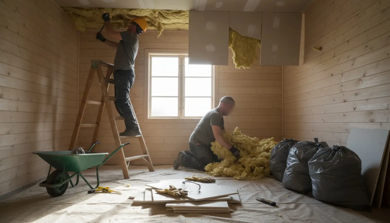 To personer fjerner gipsloft og pakker rockwool i sække i et lille sommerhus.
