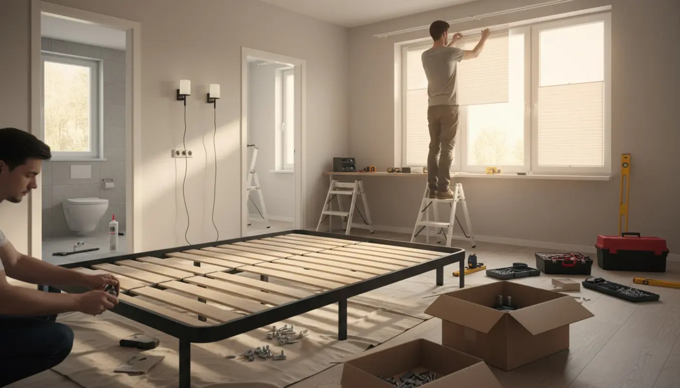 Personer monterer lamper, gardinstang med plisségardin og samler en fladpakket seng, med et nyt toilet synligt i badeværelset.