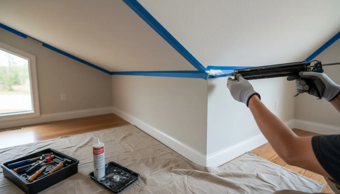 Nærbillede af en hånd med fugepistol, der påfører hvid fugemasse i samlingen mellem væg og loft med stige og afdækning i rummet.