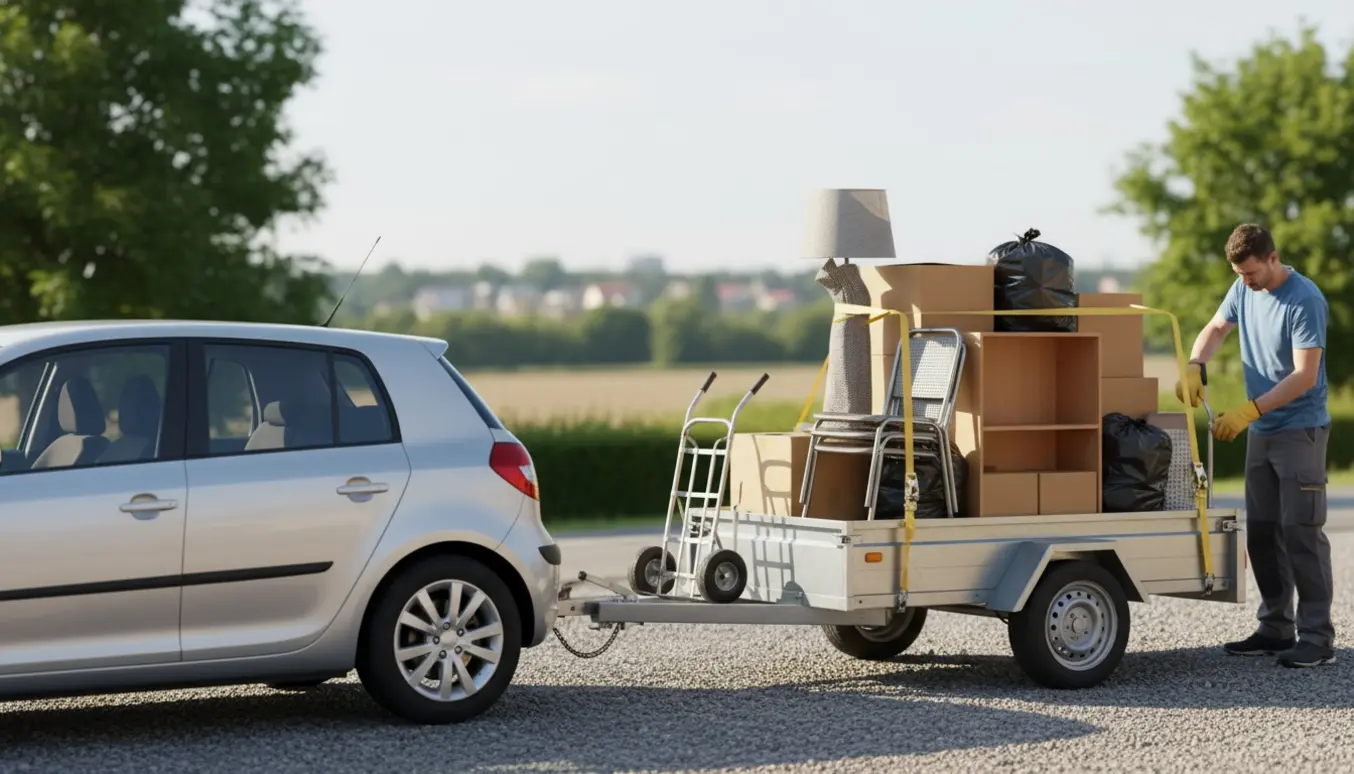 Små møbler og sække læsses på en trailer i en indkørsel, kun hænder og ryg af personen ses.