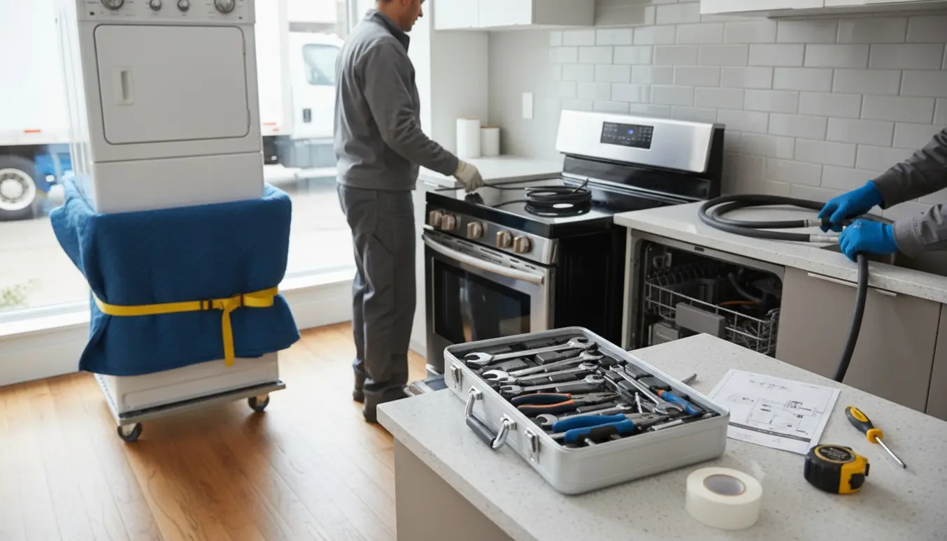 Hårde hvidevarer afmonteres og genmonteres i et køkken med værktøj, flyttekasser og en flyttevogn udenfor.