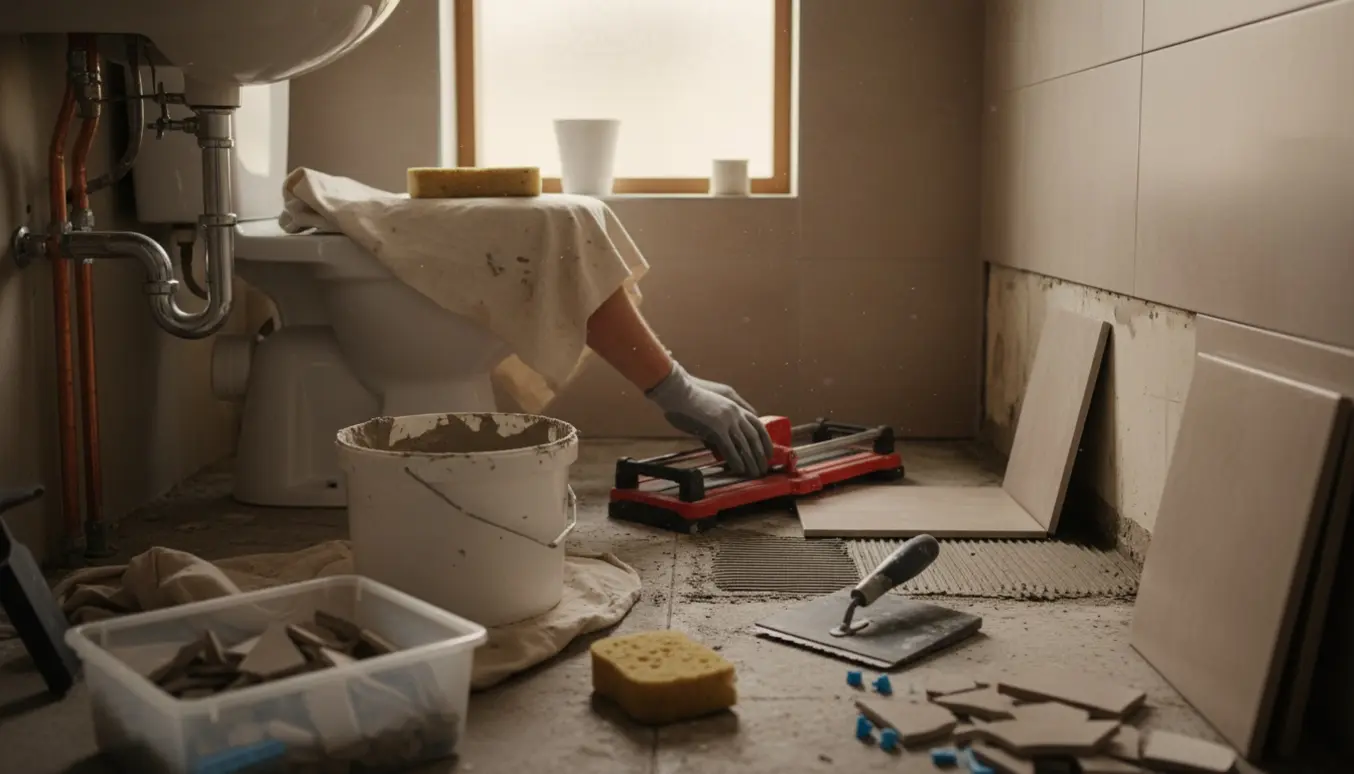 Et lille badeværelse under renovering med fjernede klinker, nye fliser og værktøj klar.