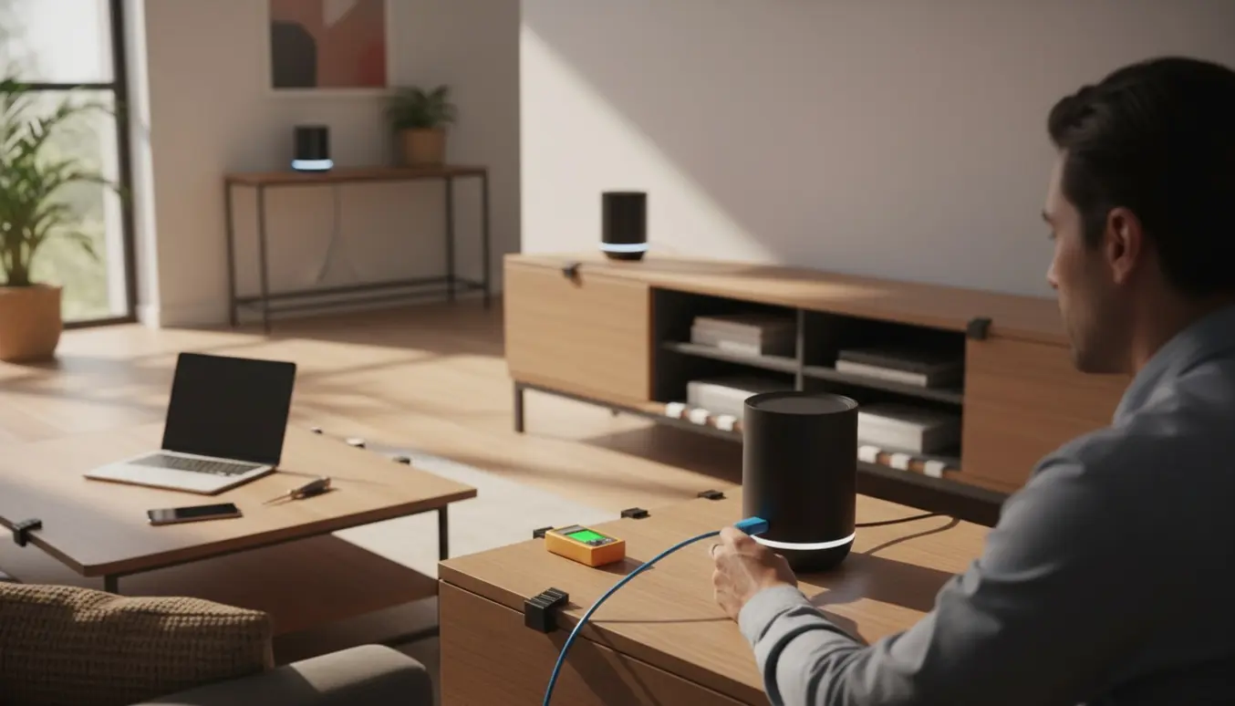 Hænder tilslutter et Ethernet-kabel til en router i en moderne stue med mesh-enheder og organiserede kabler.