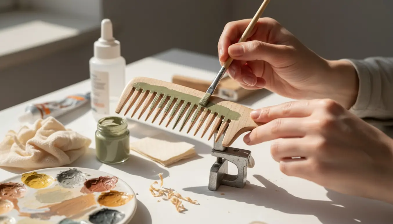 Nærbillede af hænder, der reparerer og maler en trækam på et ryddeligt værkstedsbord.