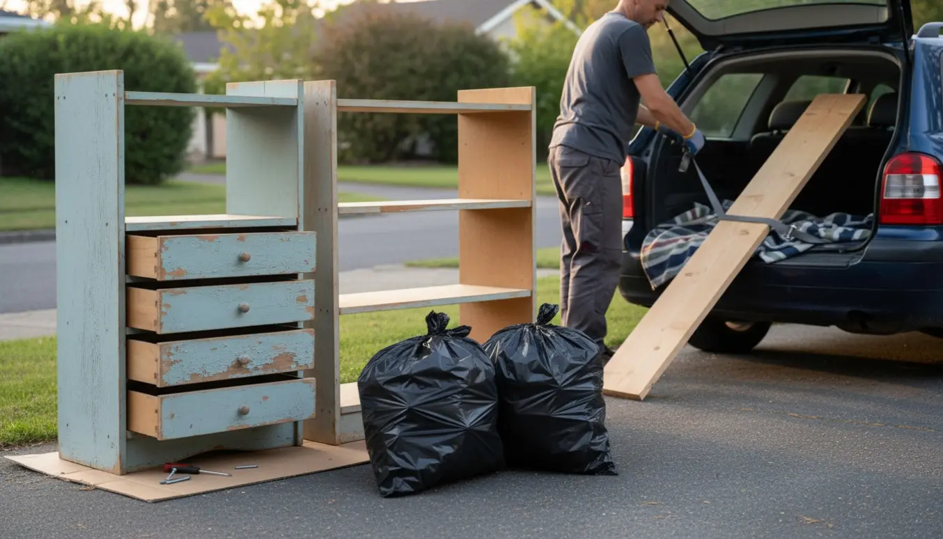 Afhentning af gammel reol, to skraldesække og en lang træhylde ved en åben bil på indkørsel.