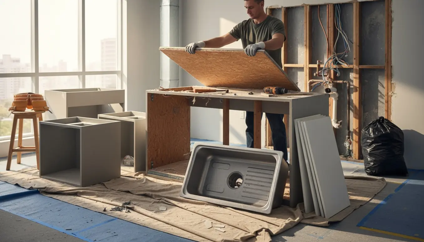 Delvist nedrevet køkken med en håndværker set bagfra, der løfter en laminatbordplade blandt værktøj og byggematerialer.