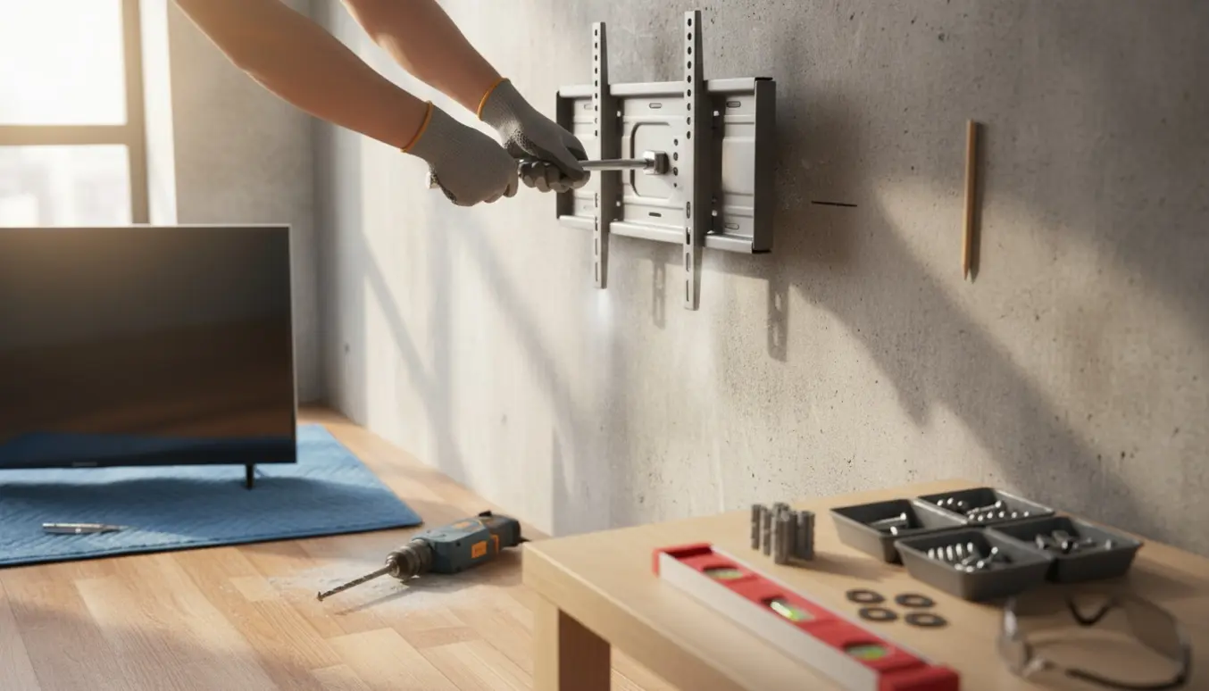 Installation af tv-beslag på en betongvæg med boremaskine og værktøj i et lyst, ryddeligt rum.