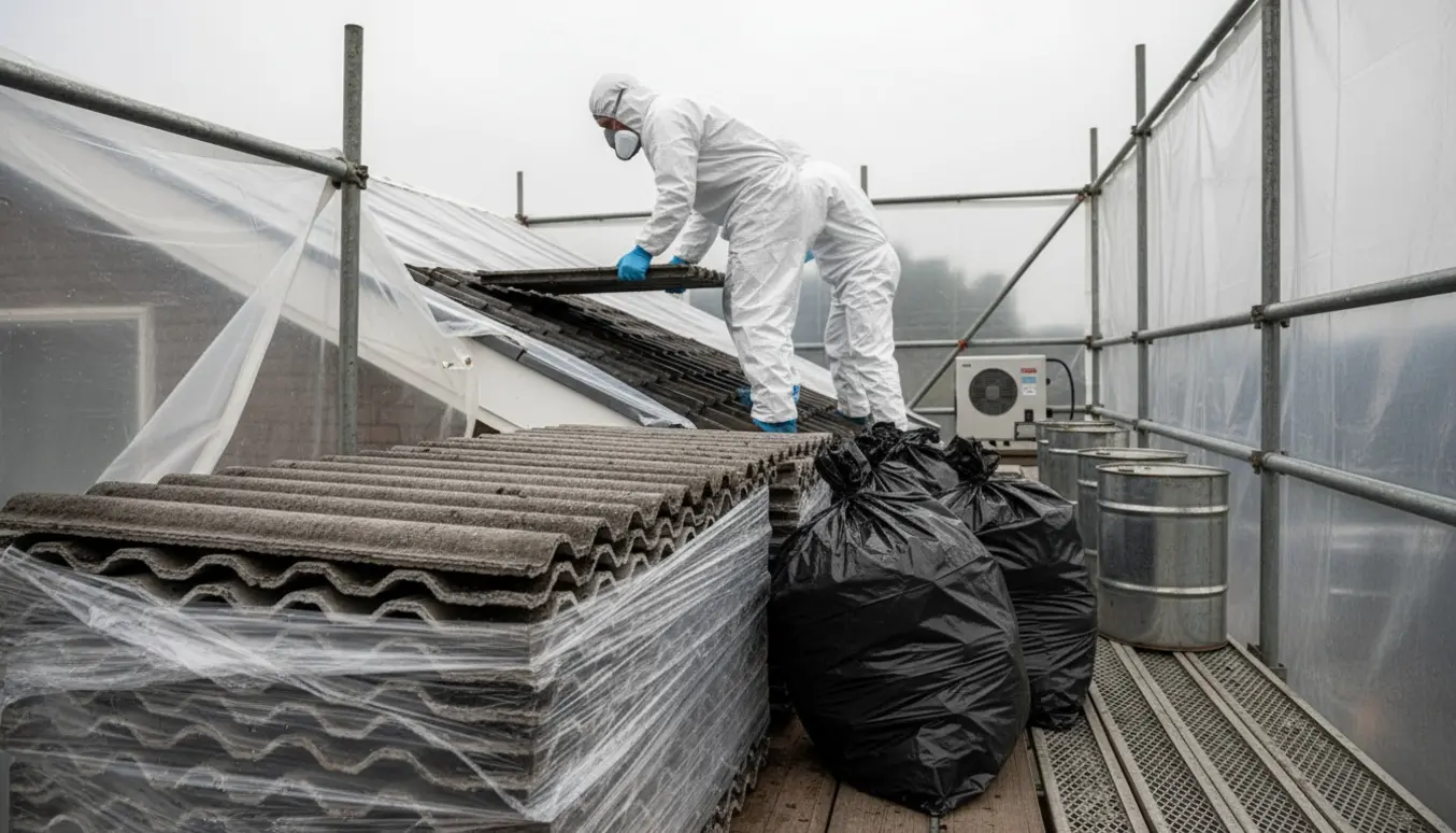 Arbejdere i beskyttelsesdragter fjerner og pakker bølgeformede asbest-cementplader på et tag.