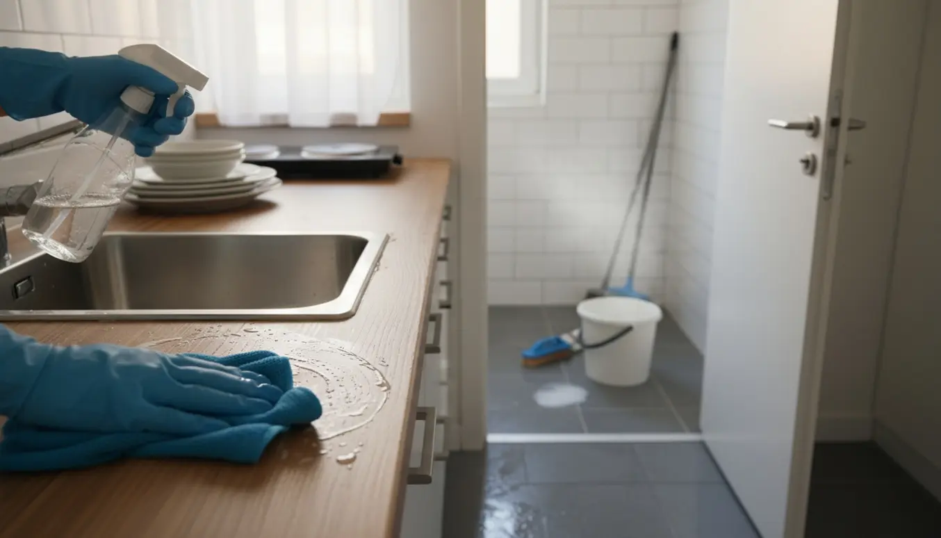 Nærbillede af en 34 m² étværelses lejlighed, hvor handskerede hænder tørrer køkkenbordet af og rengøringsudstyr står ved det åbne badeværelse.