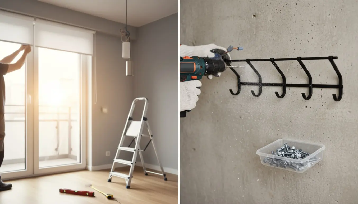 Hænder monterer rullegardin, skifter en loftslampe og fastgør en knagerække på en betonvæg i en entré.