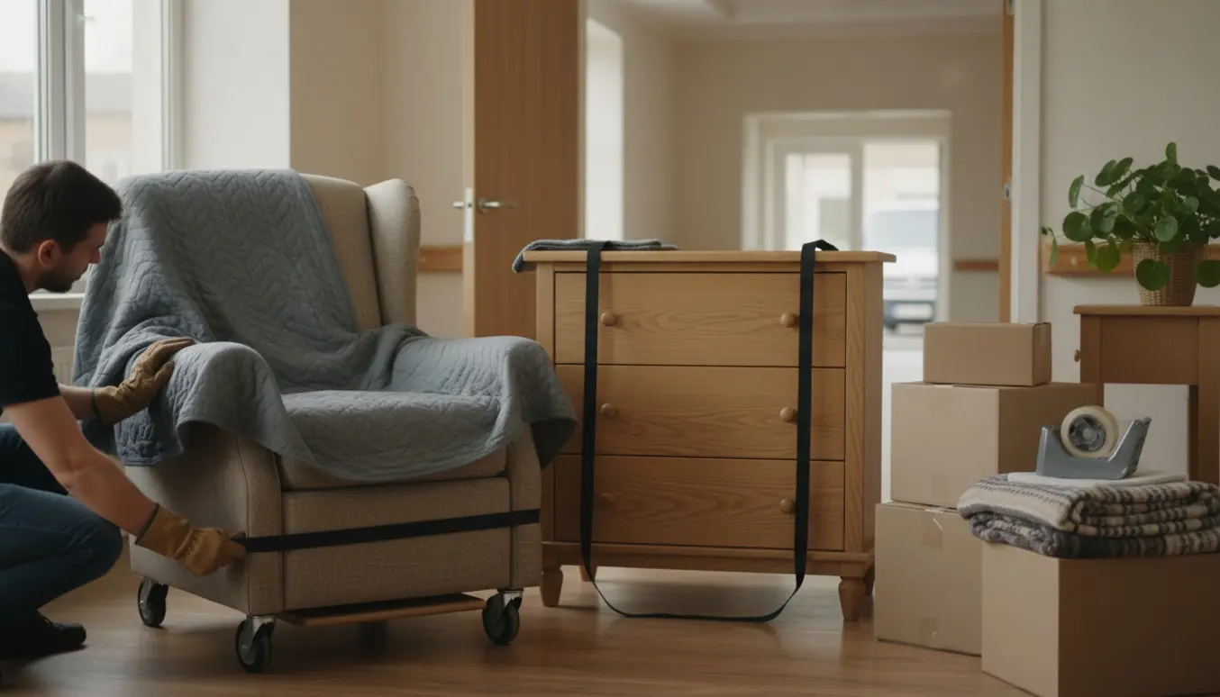 Flyttefolk pakker og afhenter møbler fra et stille plejehjemsværelse.