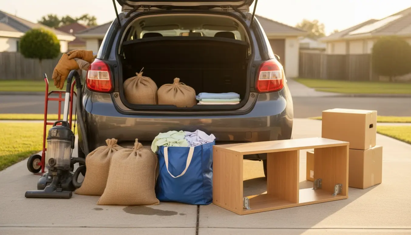 Tre poser, en blå genbrugstaske med tøj, en let støvet støvsuger og en sammenklappet træhylde ved en åben bilbagagerum.