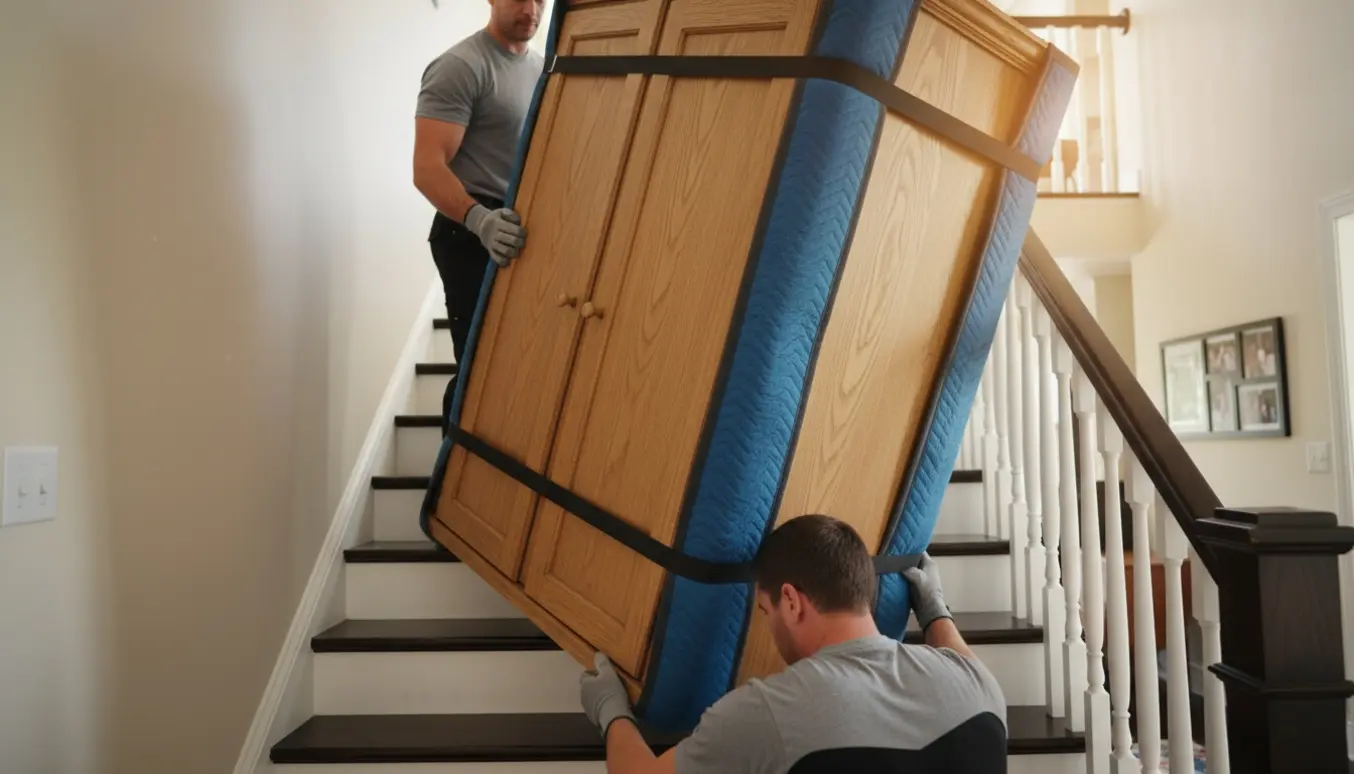 To flyttemænd løfter et stort træskab op ad en trappe mod anden sal uden tydelige ansigter.