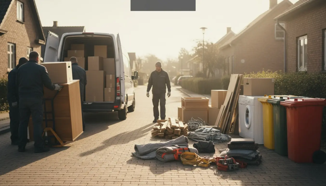 Bortkørsel og sortering af møbler og flyttekasser ved en varevogn på en boligvej i Vejle.