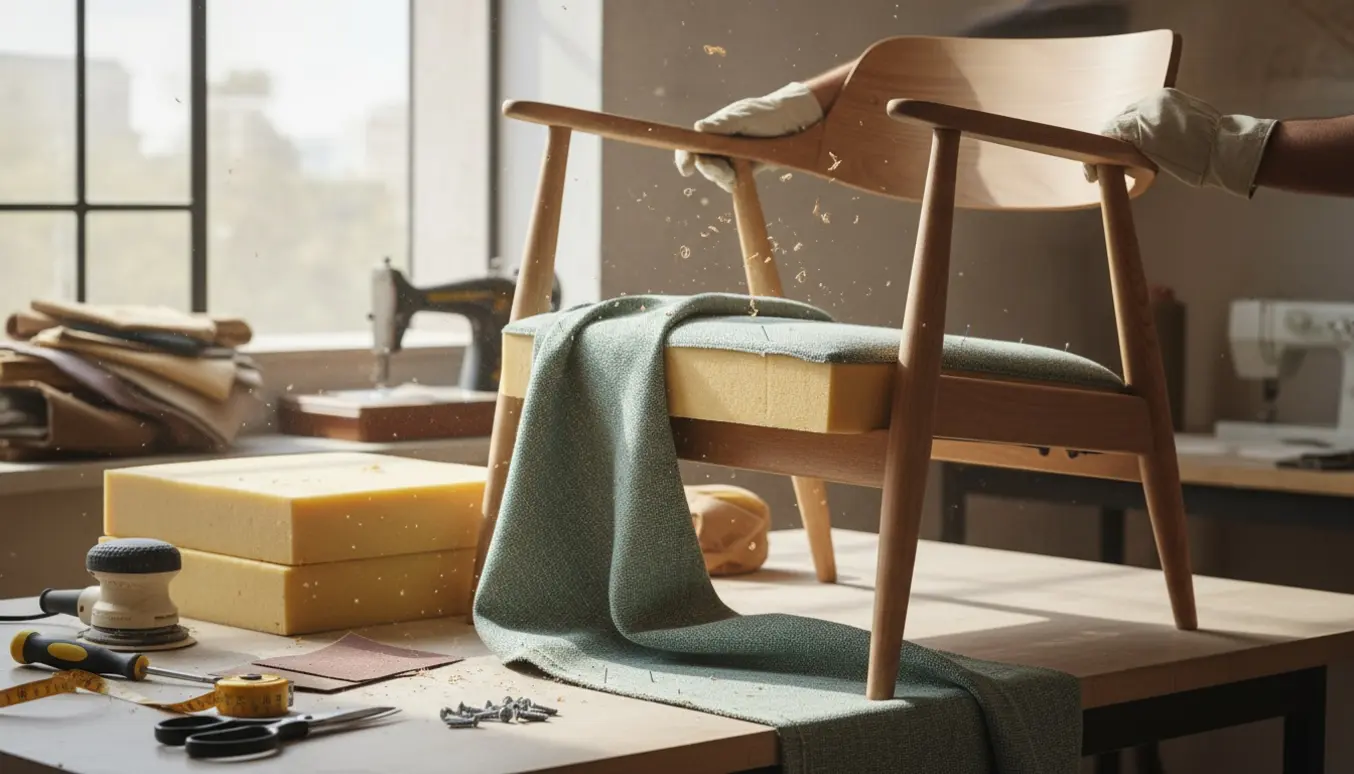 Nærbillede af en 50'er træstol under restaurering med slebet træ, nye skruer og hynder klar til ombetrækning.