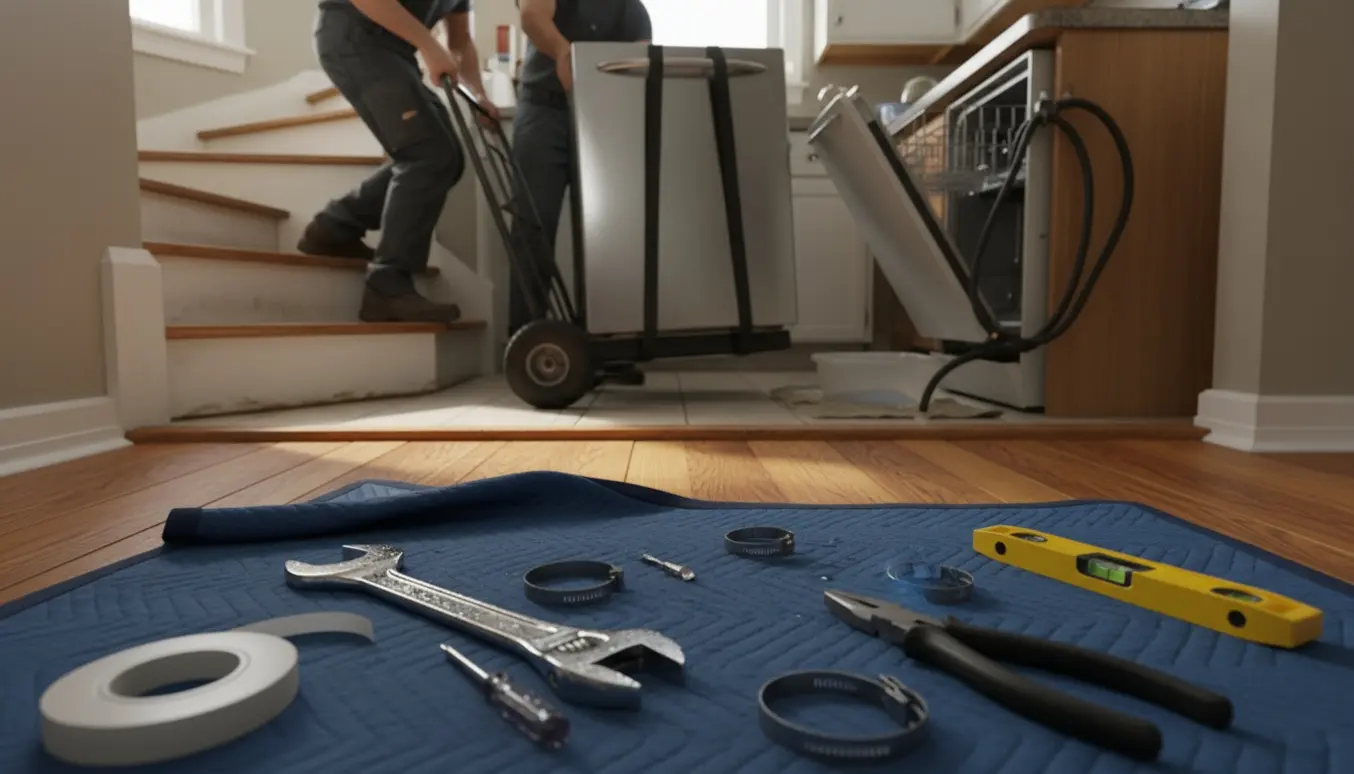 To personer bærer en tung opvaskemaskine op ad en svingtrappe med værktøj og den gamle maskine delvist afmonteret i køkkenet.