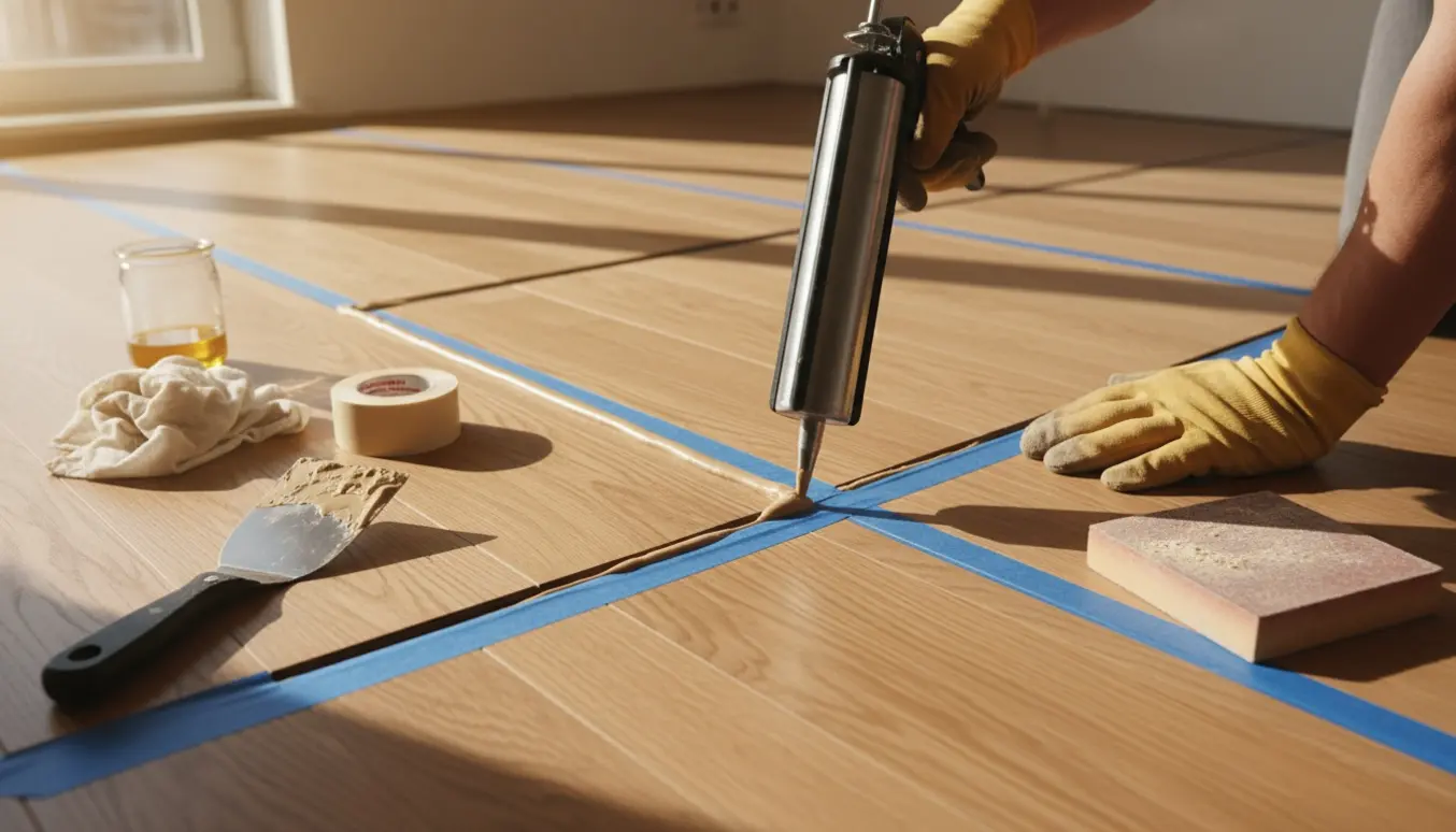 Nærbillede af handskerede hænder, der fuge et plankegulv med fugepistol og maskeringstape i en tom, sollys lejlighed.