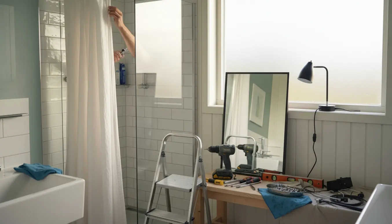Montering af bruseforhængsstang, spejl og lampe i et lyst sommerhusbadeværelse.