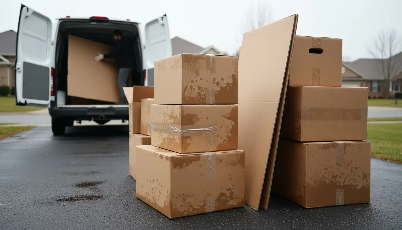Stak våde, brugte flyttekasser og flade garderobepaneler på en indkørsel klar til afhentning.