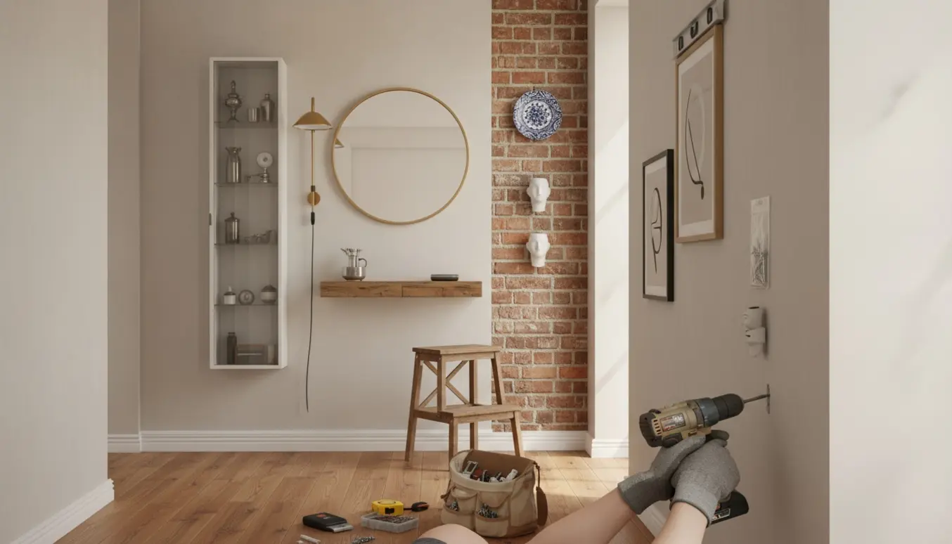 Belysning og montre hængt op på væg med værktøj og hænder i arbejde.