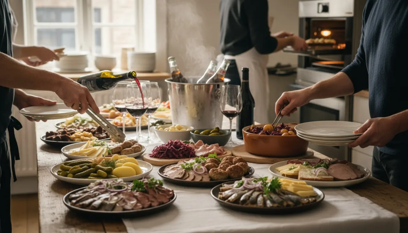 Hænder anretter en julefrokostbuffet med varme fade, kolde drikke og påfyldning af flasker.