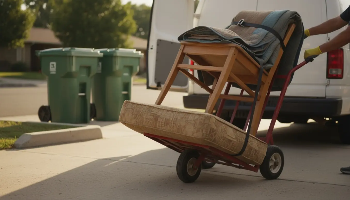 Tralle med gamle møbler foran åben varevogn klar til aflevering på genbrugsplads.