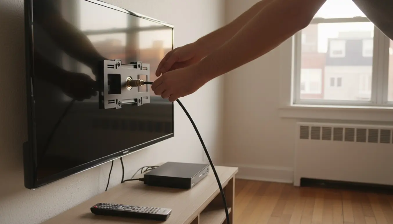 Ældre Samsung-TV tages ned fra vægbeslag, mens et coax-kabel tilsluttes og fjernbetjeningen hviler på hylden.