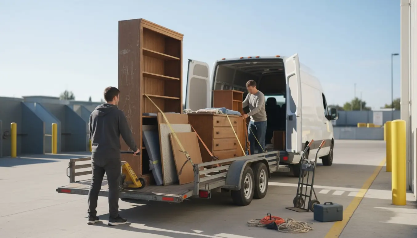 Trailer ved genbrugsplads med kommode og reol sikret, to personer læsser uden at ansigter ses.