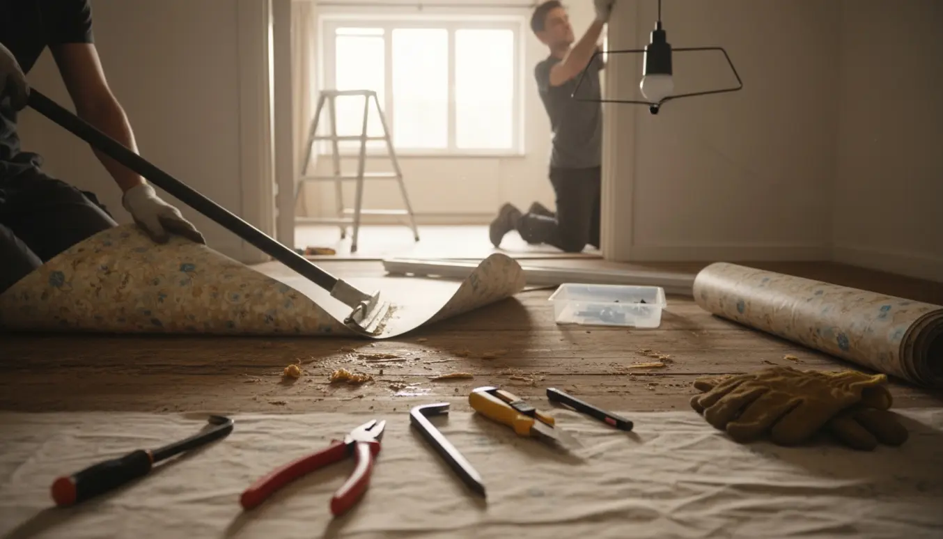 Håndværker fjerner vinylgulv og tager loftlamper og gardin ned i et lyst rum.