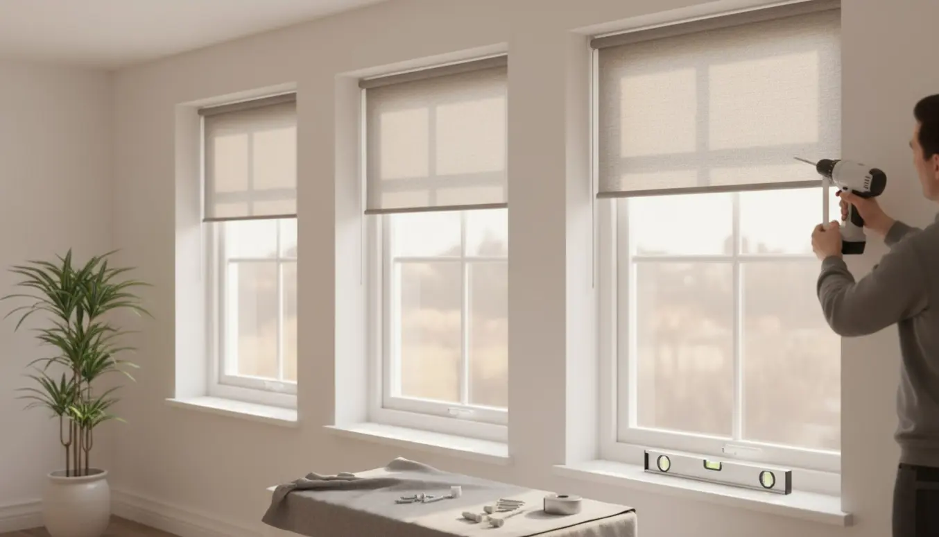 Nærbillede af hænder, der monterer tre specialmålte rullegardiner i en lys, moderne stue.