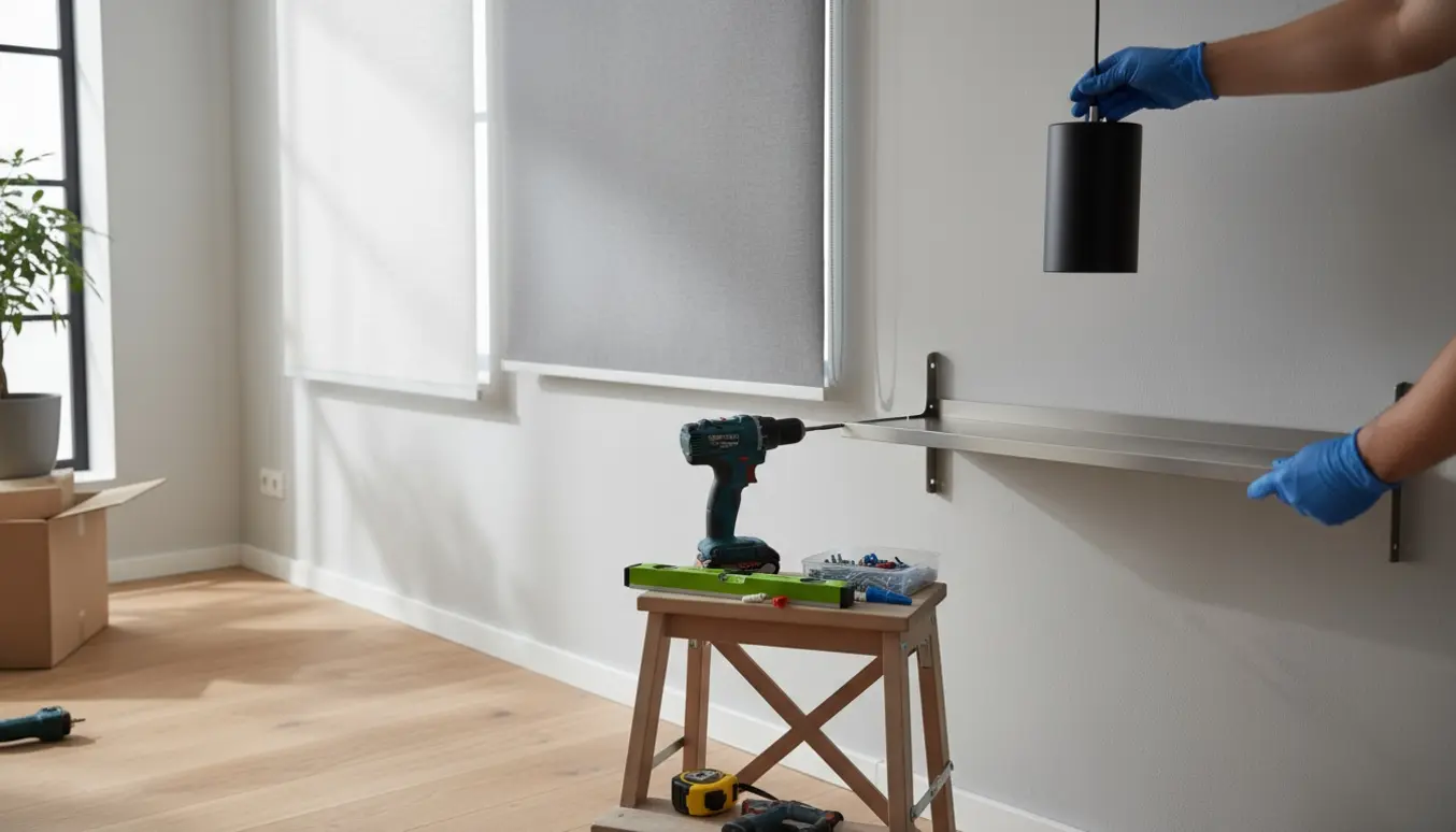 Installation af to rullegardiner, en lampe og en aluminiums hylde på en væg med værktøj og hænder i billedet.