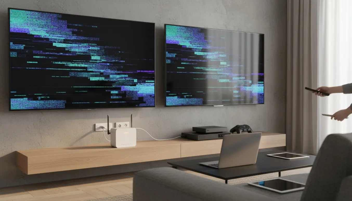 To tv viser forstyrret billede, mens en ny router og flere tilsluttede enheder står i en stue.