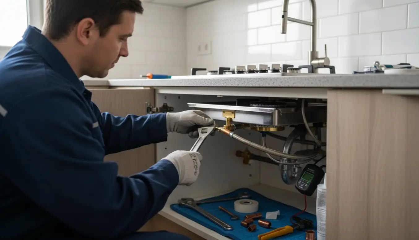 Autoriseret VVS-montør forbinder nyt køkkenarmatur og gasblus under bordpladen.