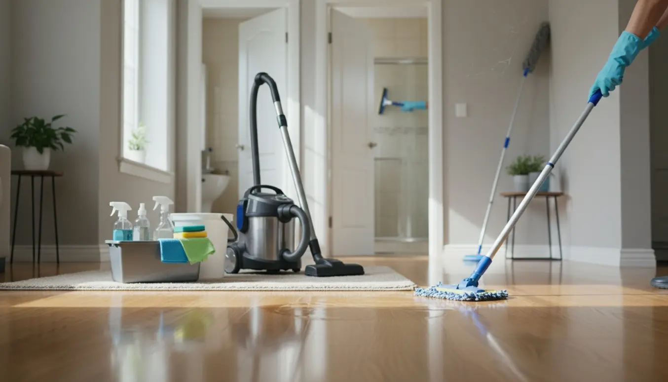 Hænder i gummihandsker mopper gulvet og fjerner spindelvæv i et lyst, ryddeligt hjem.