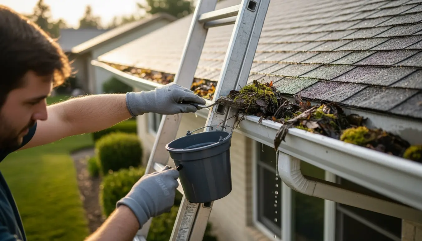 Person på stige renser tagrende på ét-plans parcelhus med handsker og skovl, i klart dagslys.