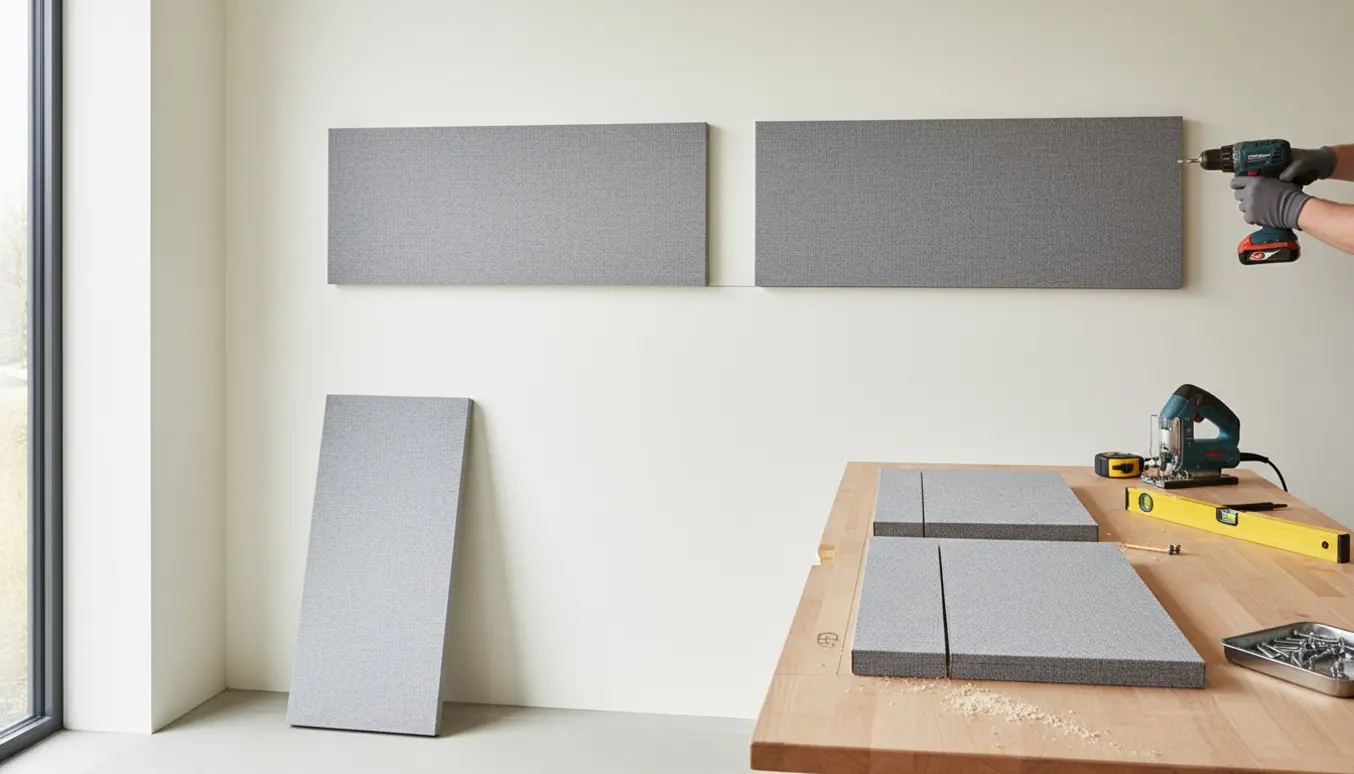 Fire akustikpaneler, ét afkortes på et bord og ét bliver skruet op på en flad væg.