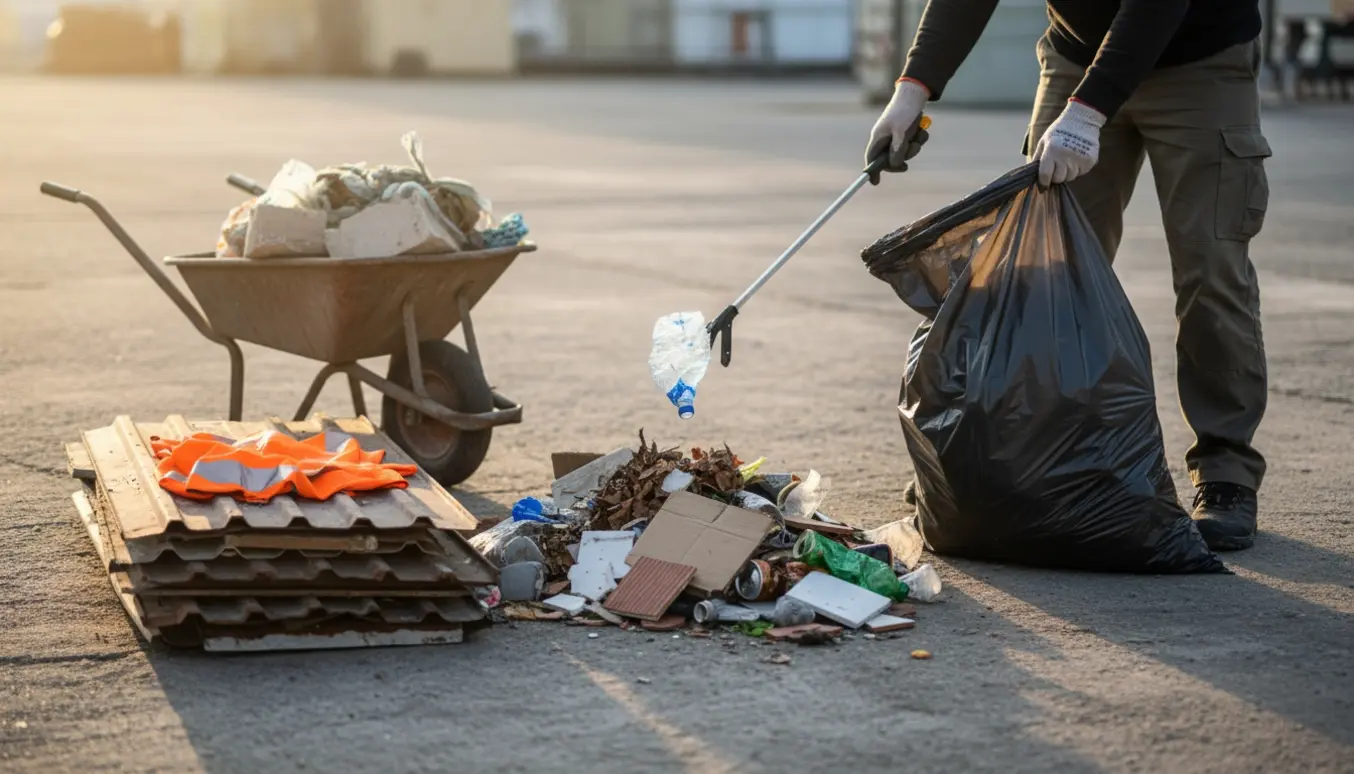 Person i handsker samler skrald og stabler metal- og træplader på et betondækket gårdsareal uden brønde.