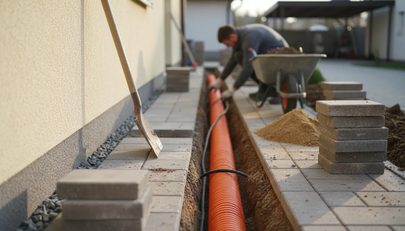 Smuk flisegang langs husmuren med opbrudte 30x60 fliser og en elektriker, der lægger kabel i en ca. 35 cm dyb rende mod carporten.