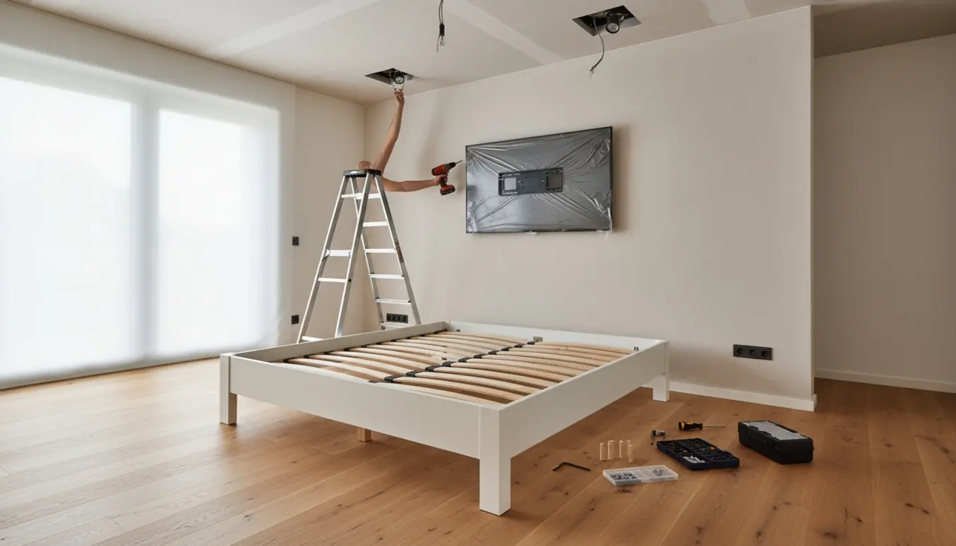 Hænder monterer et 55'' tv på skillevæg, samler en hvid 180 cm seng og installerer loftspots i et nyindflyttet rum.