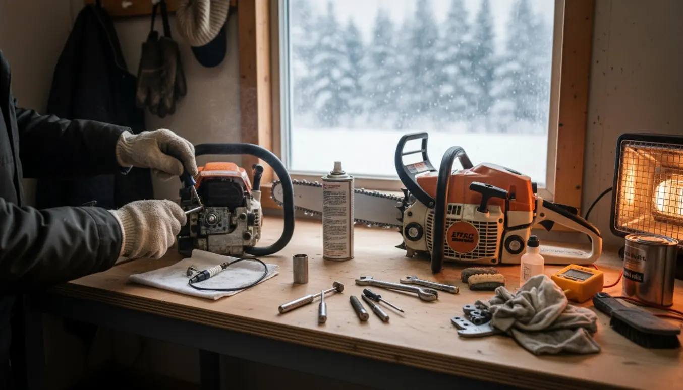 To motorsave på et vinterligt værkstedsbord, teknikerens handskerige hænder arbejder på motor- og startdele.