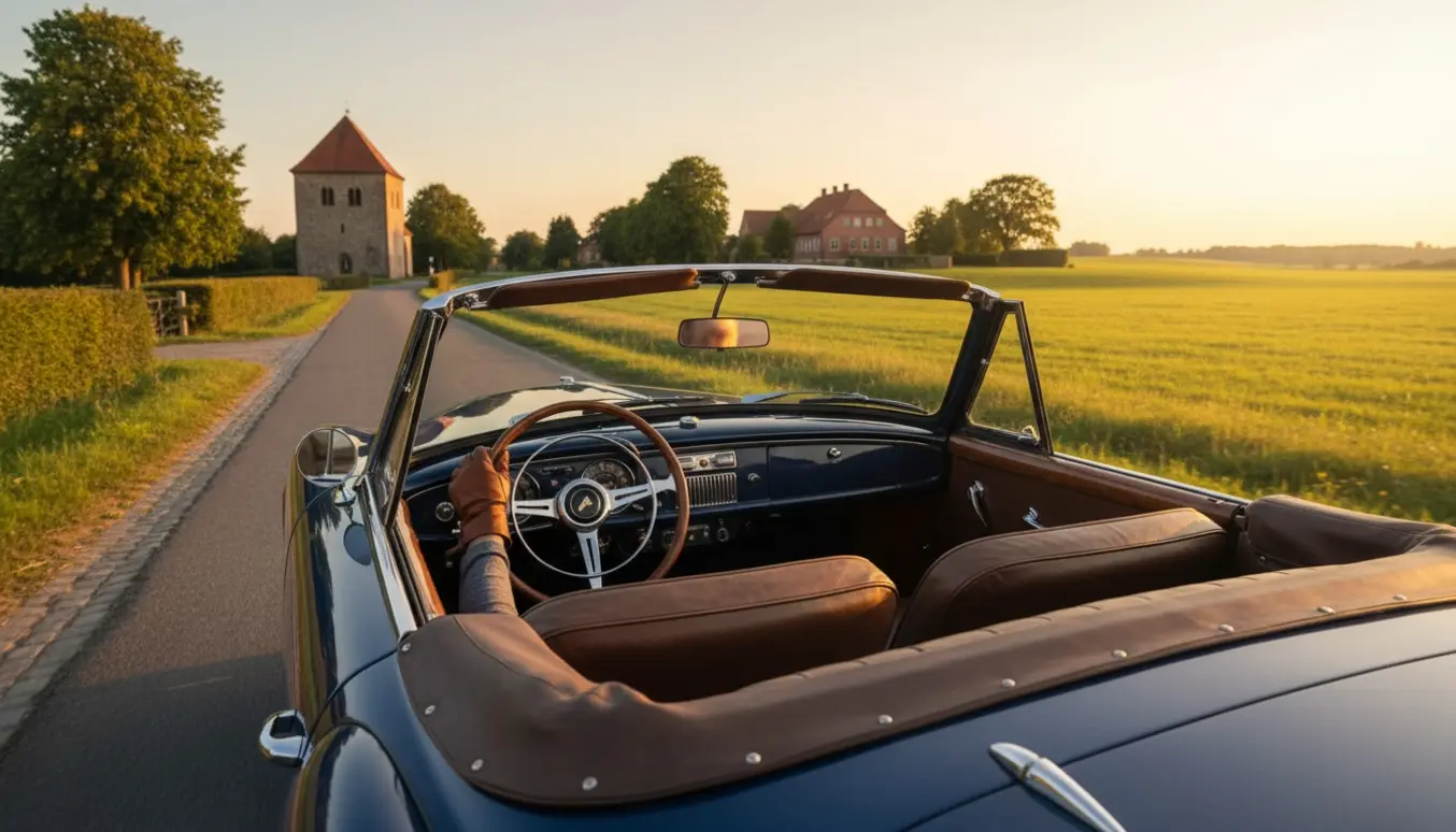 Klassisk bil kører langs en dansk landevej med en lille stenkirke og en herregård i horisonten.