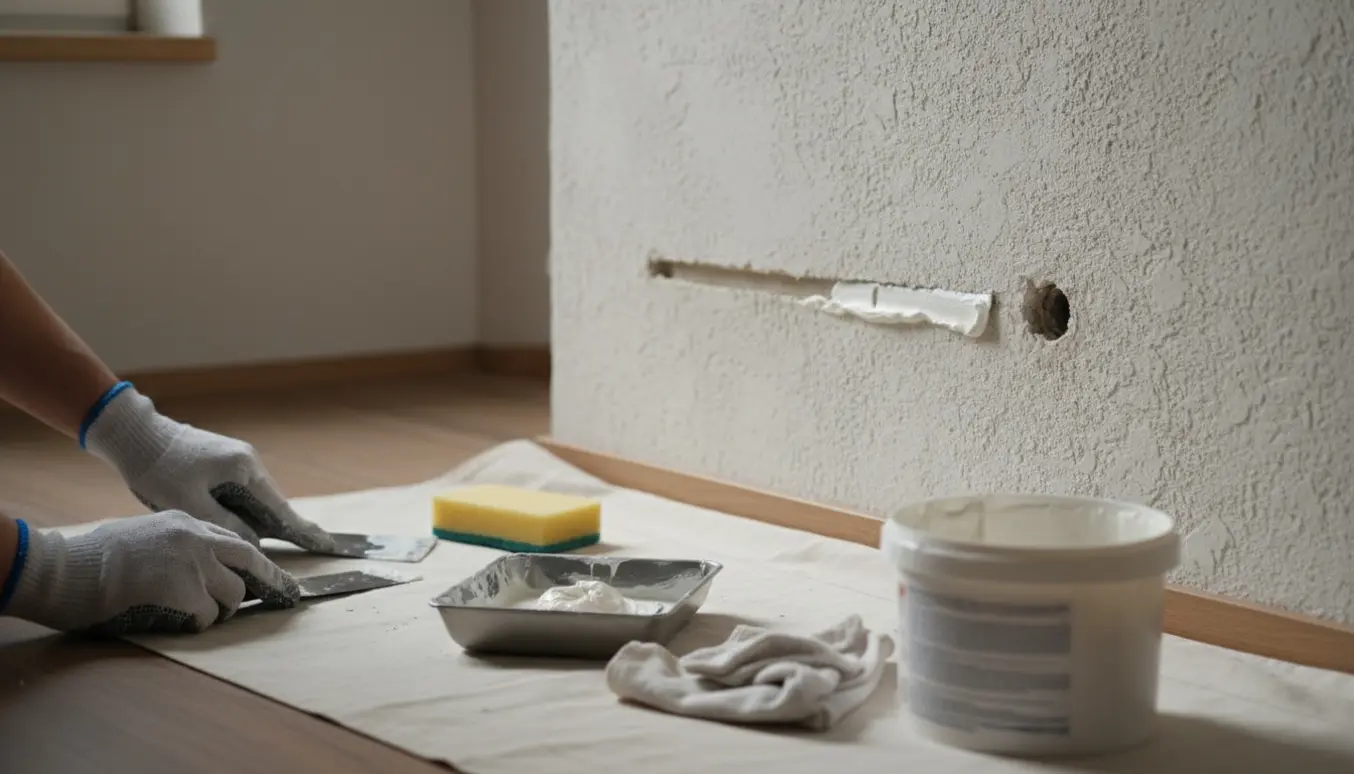 Nærbillede af hænder, der spartler et langt hul og et lille hul i en pudset væg med spartel og værktøj.