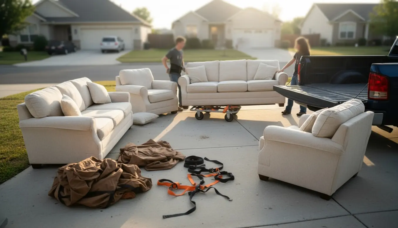 En tre- og topersoners sofa med lænestol læsses på en pick-up med møbeldolly og løftestropper, ansigter ikke synlige.