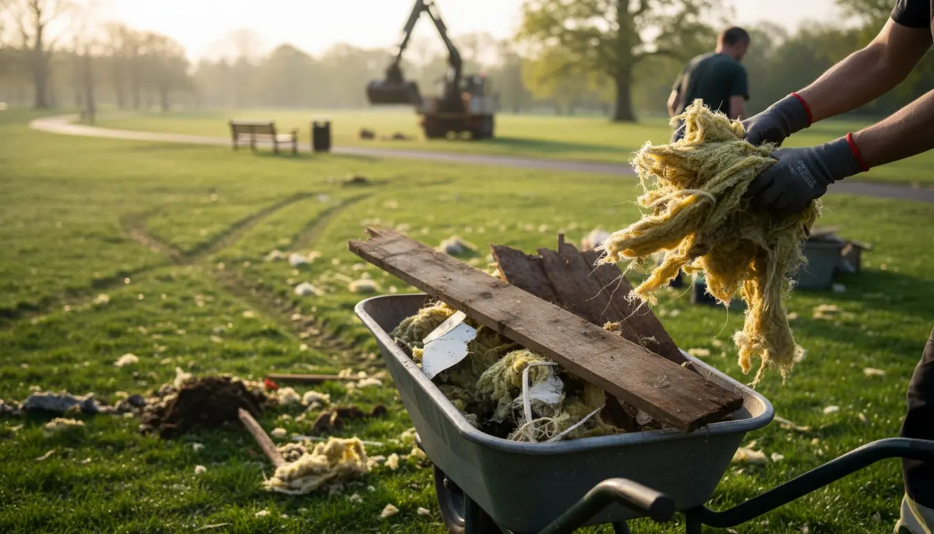 Rydning af isolering, metal og træ på en offentlig græsplæne efter fjernet campingvogn.
