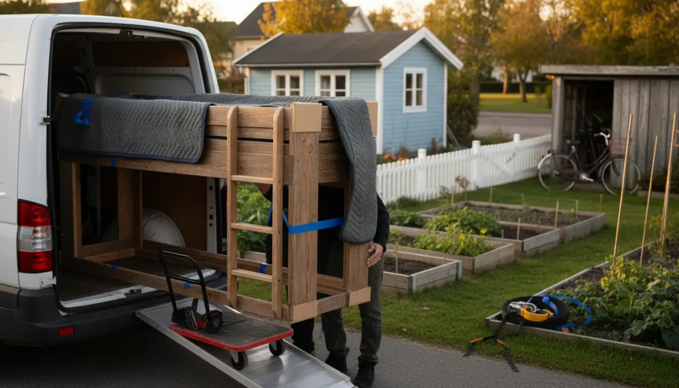 En køjeseng læsses ind i en varevogn foran en kolonihavehytte i varm aftensol.