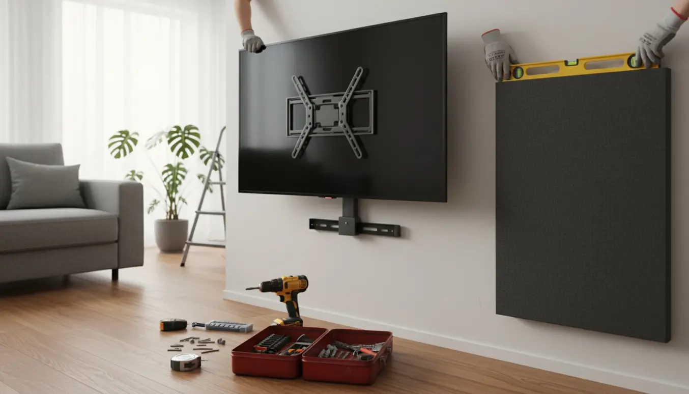 Hænder monterer et vægmonteret TV og et akustikpanel med værktøj klar på gulvet.